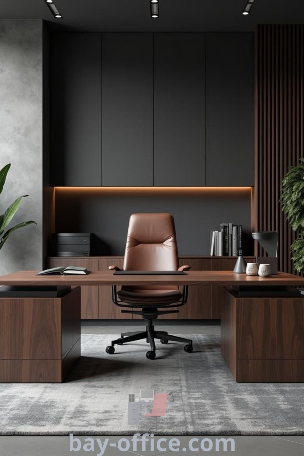 Industrial style reception desk in a walnut office interior design with a potted plant, showcasing modern minimalism and cozy vibes for an inspiring workspace. Discover additional decor ideas for small spaces at bay-office.com.