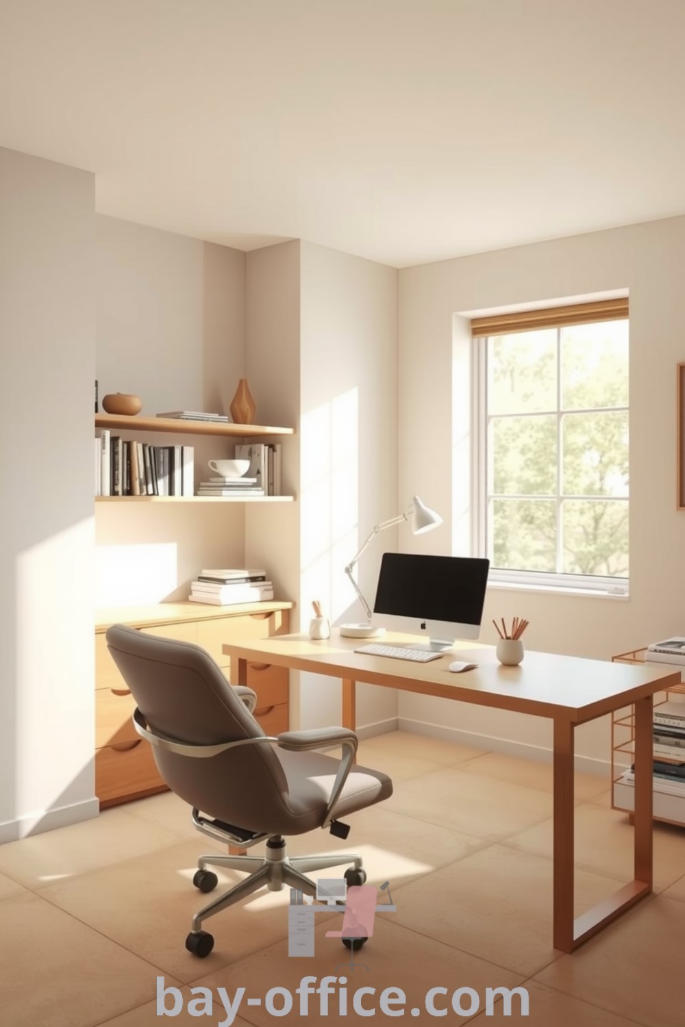Minimalist home office featuring soothing beige tones, natural light, a wooden desk, and ergonomic chair, designed to inspire productivity and creativity. Discover more cozy decor ideas that make working from home a pleasure at bay-office.com.