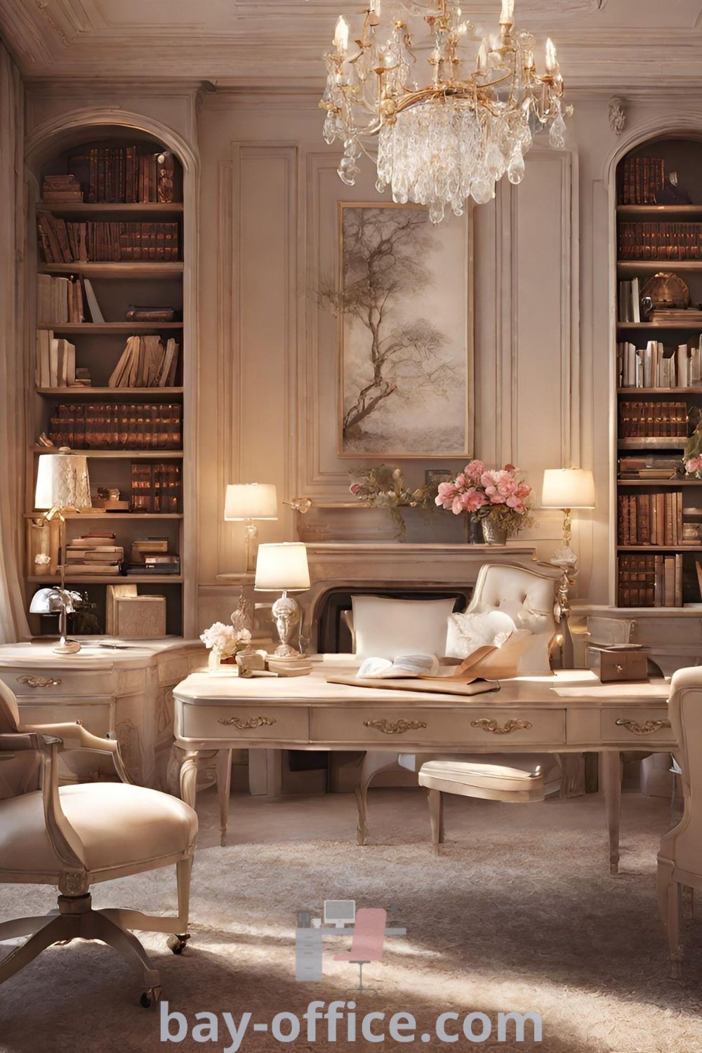Elegant office interior design featuring a chandelier and sophisticated furniture, inspired by French home office decor and Art Deco ideas. Discover cozy aesthetic tips and the best decor ideas for small spaces at bay-office.com.