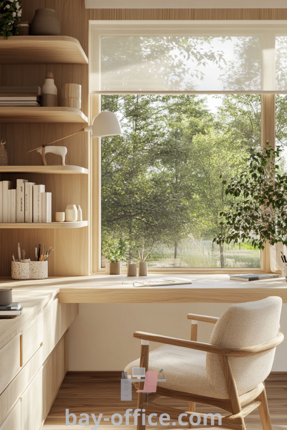 Scandinavian home office featuring soft beige tones, natural wood accents, large windows, and a cozy armchair, designed for productivity and comfort. Perfect for creating a tranquil and inspiring workspace that boosts creativity. Discover more design trends at bay-office.com.