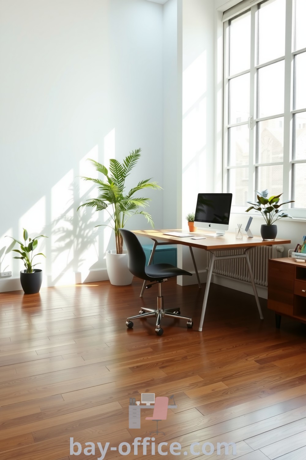 Minimalist corporate office with warm wooden flooring, simple metal desk and chair, large windows providing natural light, and potted plants. A cozy aesthetic that enhances productivity and collaboration. Discover more at bay-office.com.