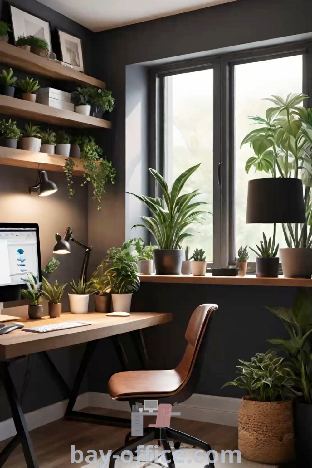 A biophilic home office featuring plants, a computer on the desk, and natural light creating a cozy aesthetic. Explore Feng Shui and biophilic interior design tips for a productive workspace at bay-office.com.