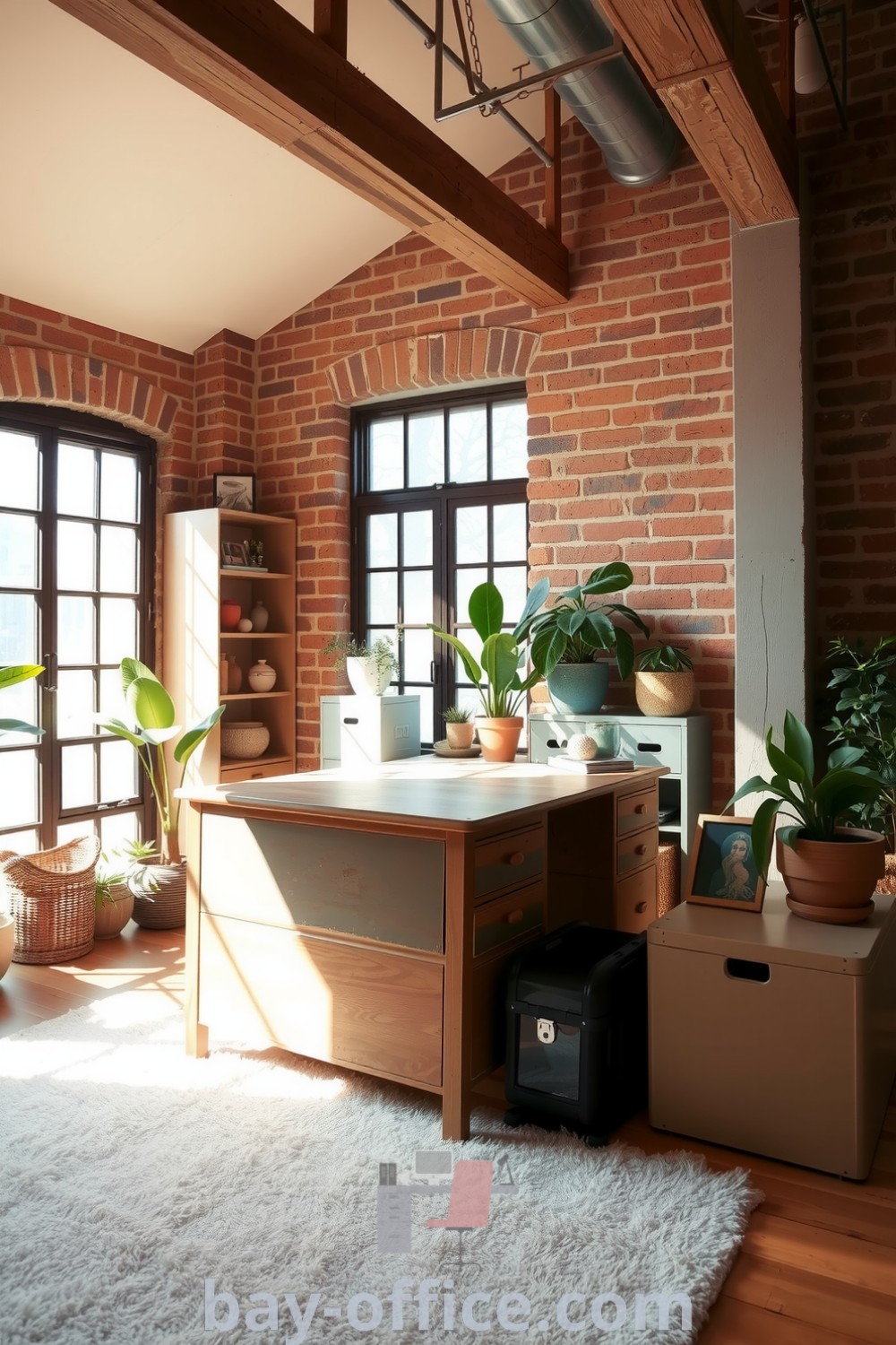 Cozy loft home office featuring exposed brick walls, a vintage wooden desk, abundant natural light, and potted plants, designed to inspire productivity and creativity. Discover decor ideas for small spaces at bay-office.com.