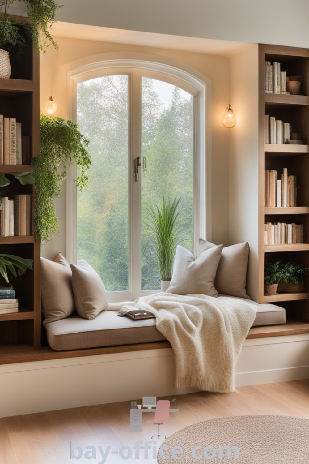 Cozy window seat with bookshelves and plants, perfect for small apartment living rooms and reading nooks. Discover inspiring ideas for home libraries and cozy designs at bay-office.com.
