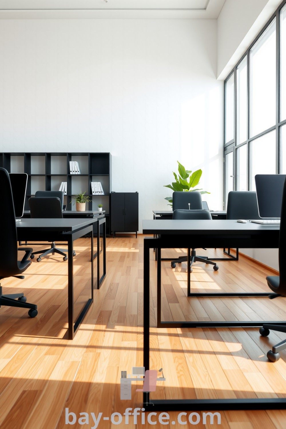 Minimalist corporate office featuring black metal desks, softly textured white walls, wooden floors, and greenery, creating a calming and professional workspace that enhances productivity. Explore design tips and ideas at bay-office.com.