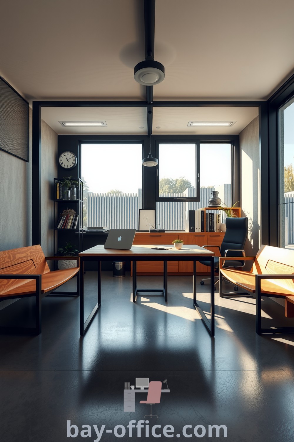 Minimalist corporate office featuring black metal frames and warm wooden decor, illuminated by natural light, promoting an inviting atmosphere for productivity. Discover inspiring decor ideas at bay-office.com.