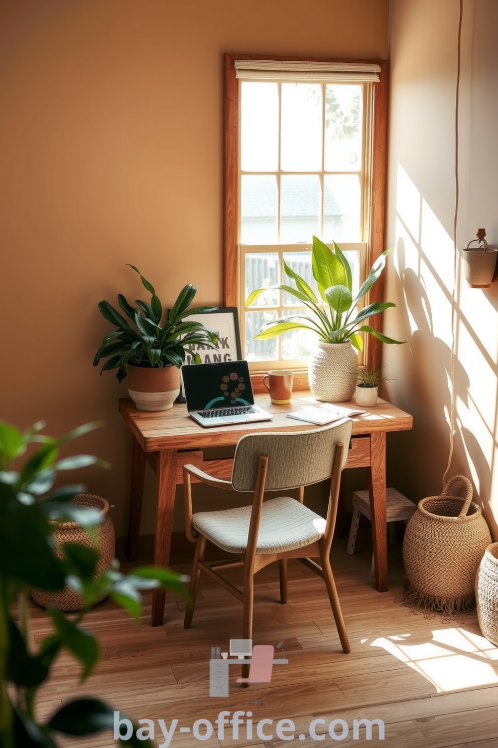 Cozy indoor nature home office featuring a rustic reclaimed wood desk, large window with sunlight, green plants, and warm wooden accents. Perfect for creating a tranquil workspace that inspires productivity and organization in small spaces. Find inspiring ideas on bay-office.com.