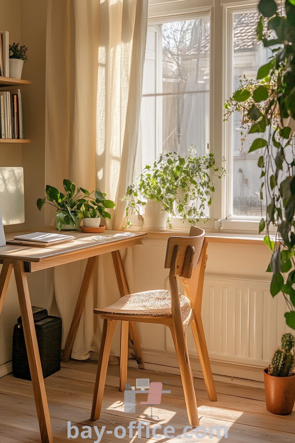 Scandinavian home office featuring soft beige walls, a wooden desk, a comfortable chair, and houseplants, designed to inspire productivity and warmth. Perfect for creating a cozy work environment. Explore more decor ideas at bay-office.com.