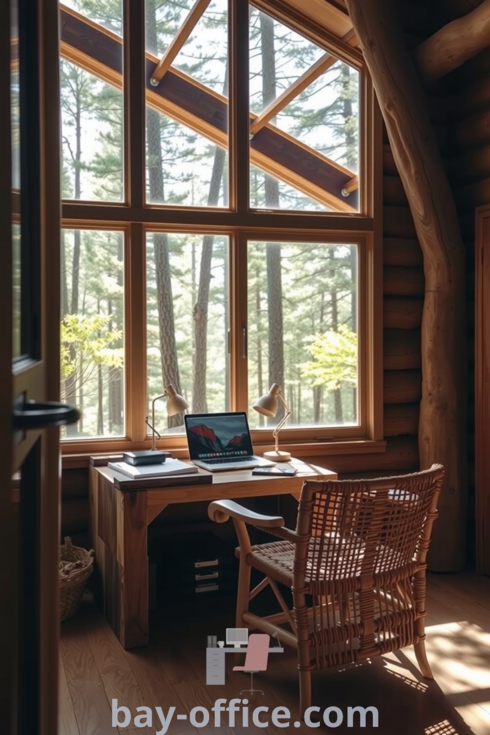 Nature-inspired home office with reclaimed timber desk, cozy woven chair, and large windows showcasing forest views, designed to inspire productivity and creativity. Explore inspiring ideas at bay-office.com.