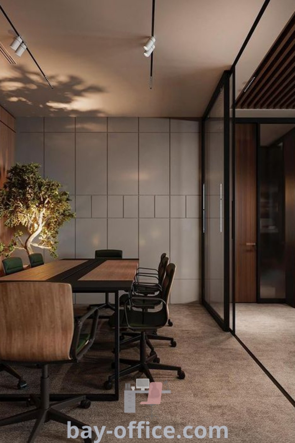 Empty conference room featuring chairs and a tree in the corner, representing masculine commercial office and high-end office interior design. Discover office interior design modern workspaces and corporate meeting room ideas that inspire productivity at bay-office.com.