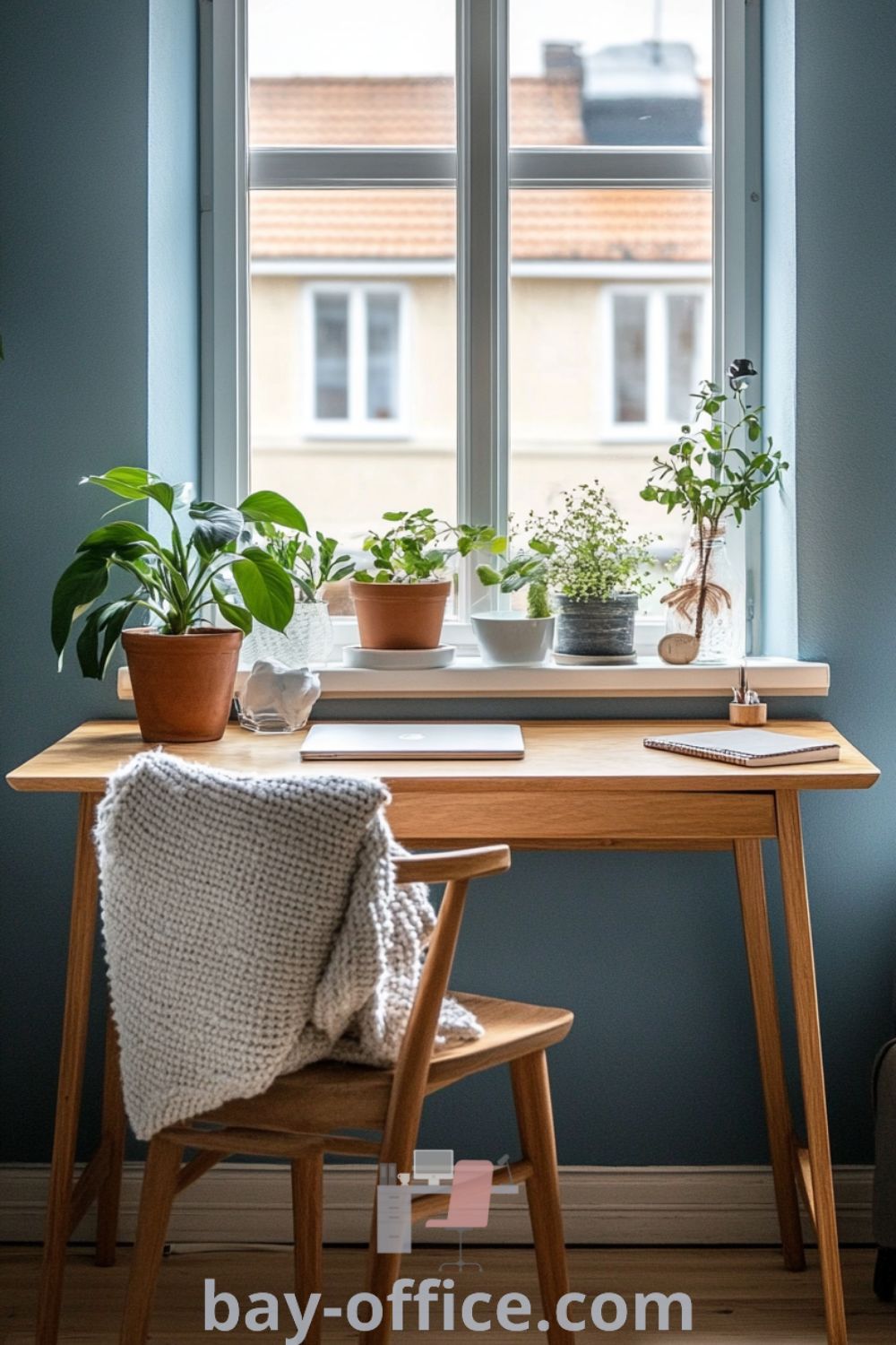 Bright Scandinavian home office featuring soft blue walls, warm wooden accents, and a simple oak desk that invites creativity. The natural light flooding in enhances the cozy atmosphere, perfect for productivity. For more inspiring ideas, visit bay-office.com.