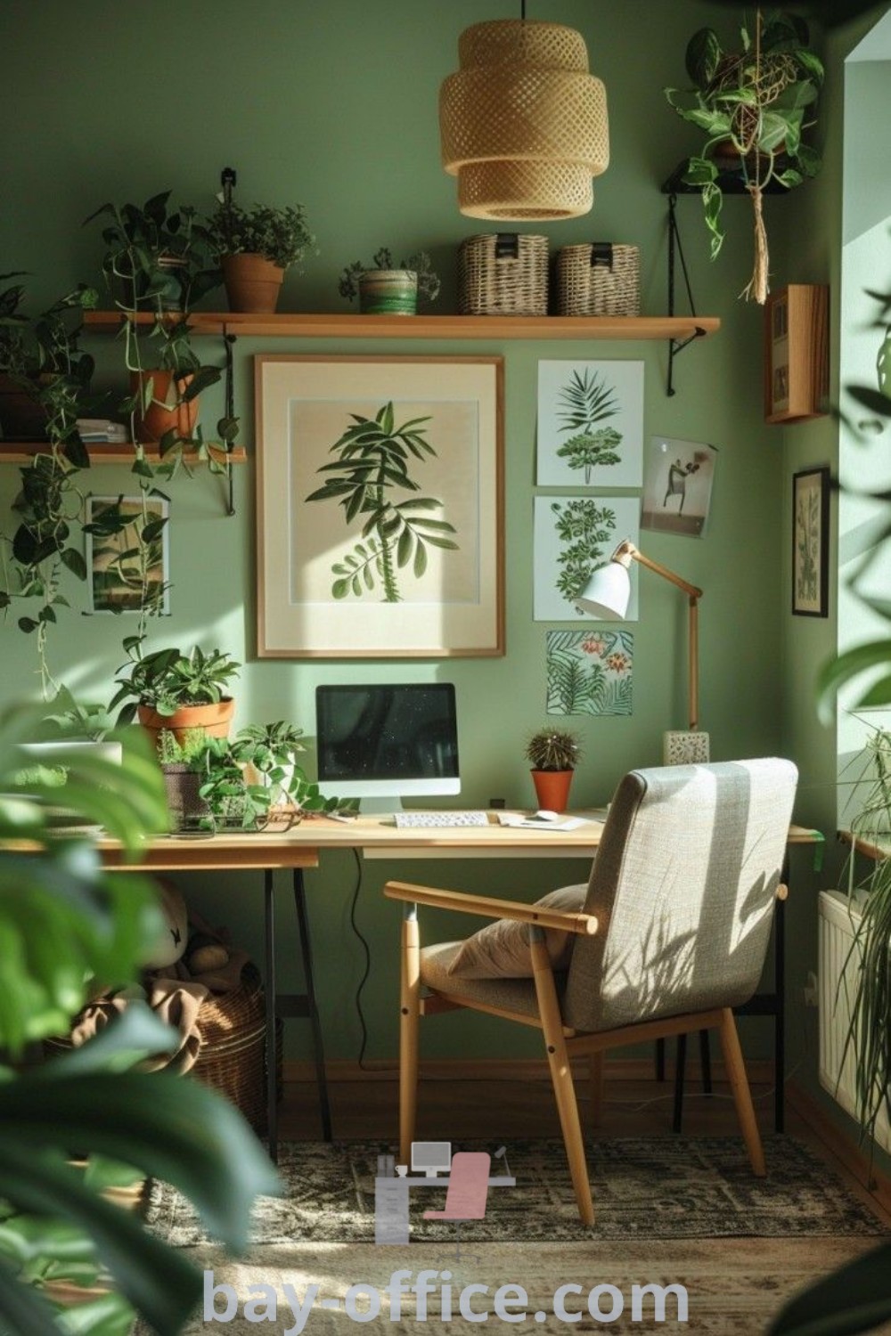 Home office with green walls and plants on shelves, showcasing a cozy aesthetic, design tips for small spaces, and productivity-enhancing decor ideas at bay-office.com.