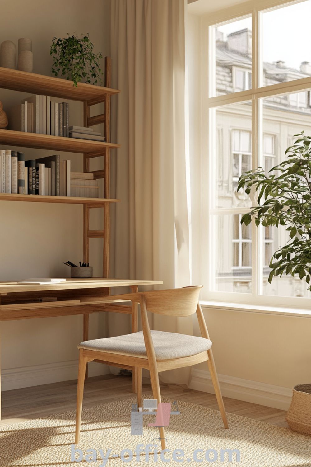 Scandinavian home office featuring light beige walls, wooden desk, and linen-upholstered chair, designed for productivity and relaxation. Soft natural light illuminates the cozy space with plants and books. Discover inspiring decor ideas at bay-office.com.