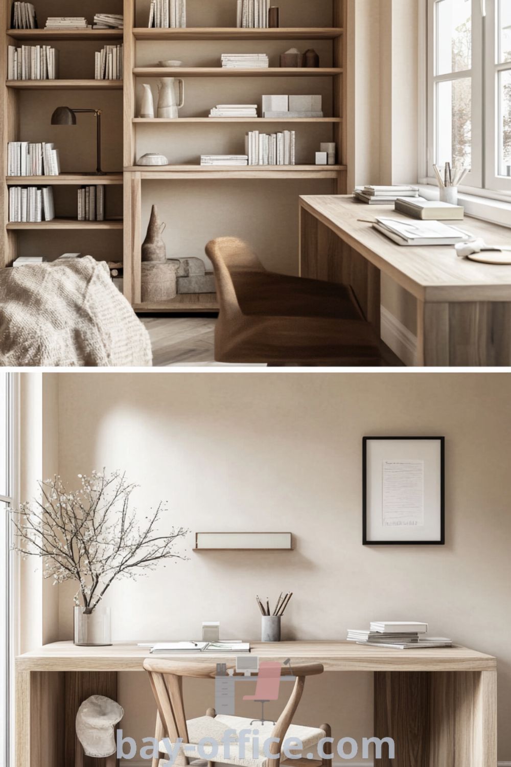 Scandinavian home office featuring soft beige walls, a warm wooden desk, and comfortable chair. Natural light enhances the rustic floorboards and decor, creating an inviting space for productivity. Discover more design ideas at bay-office.com.