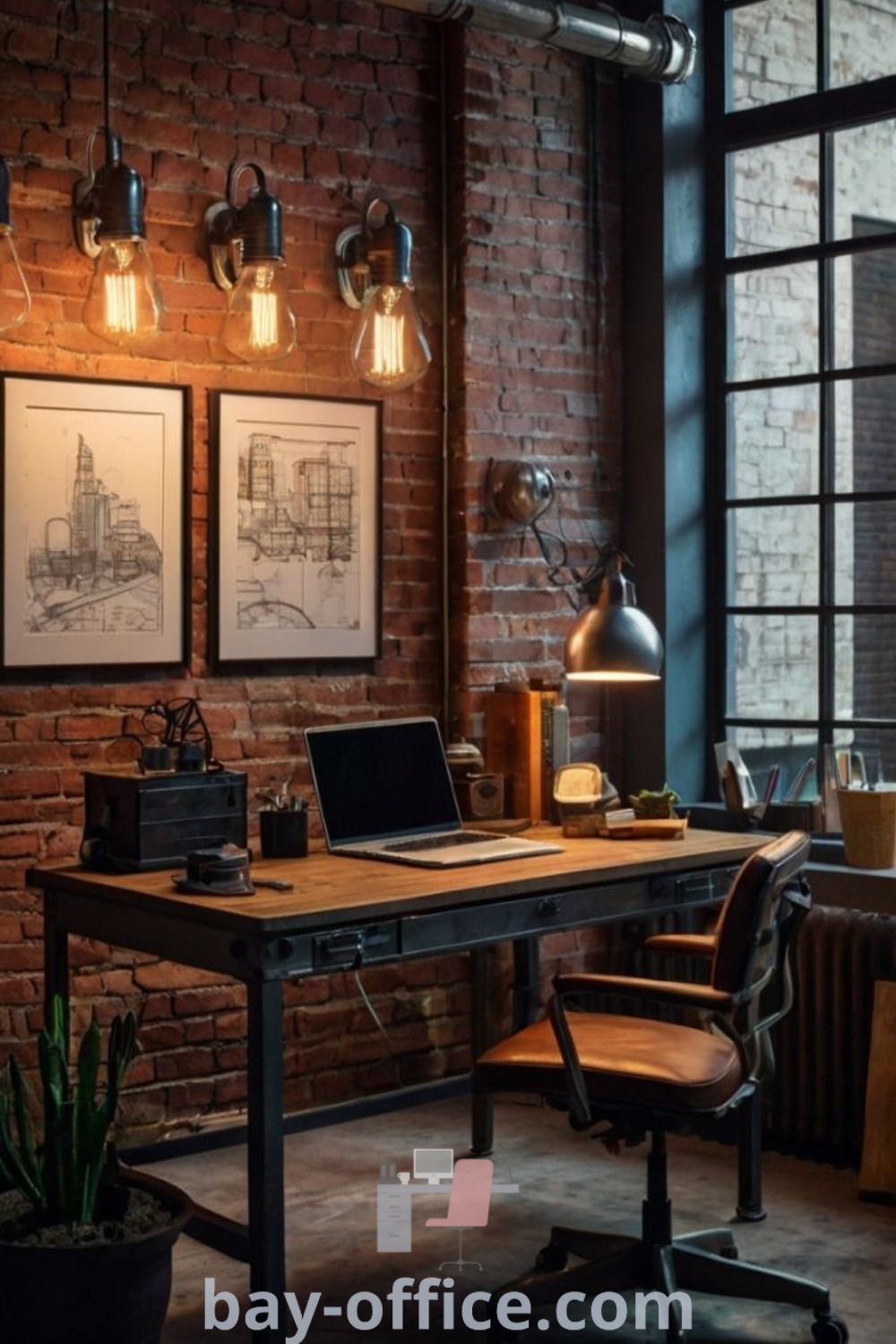 Home office with exposed brick walls and industrial lighting, showcasing modern rustic office ideas and cozy design tips that enhance productivity. Discover inspiring decor ideas for small spaces at bay-office.com.