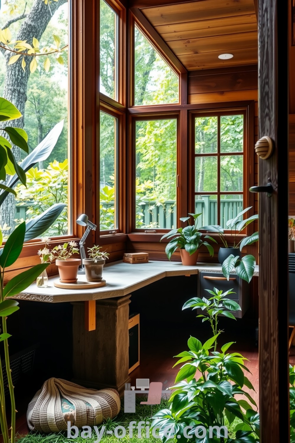 Nature-inspired home office with reclaimed wood walls, large windows, and a sturdy stone desk surrounded by potted plants, creating a tranquil and inspiring workspace that enhances productivity. Discover more at bay-office.com.
