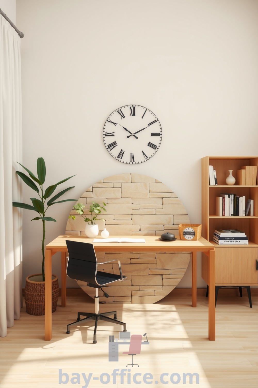 Cozy beige minimalist home office featuring a stone wall, wooden desk, and potted plant, designed for comfort and productivity. Embrace design trends and decor ideas for small spaces at bay-office.com.