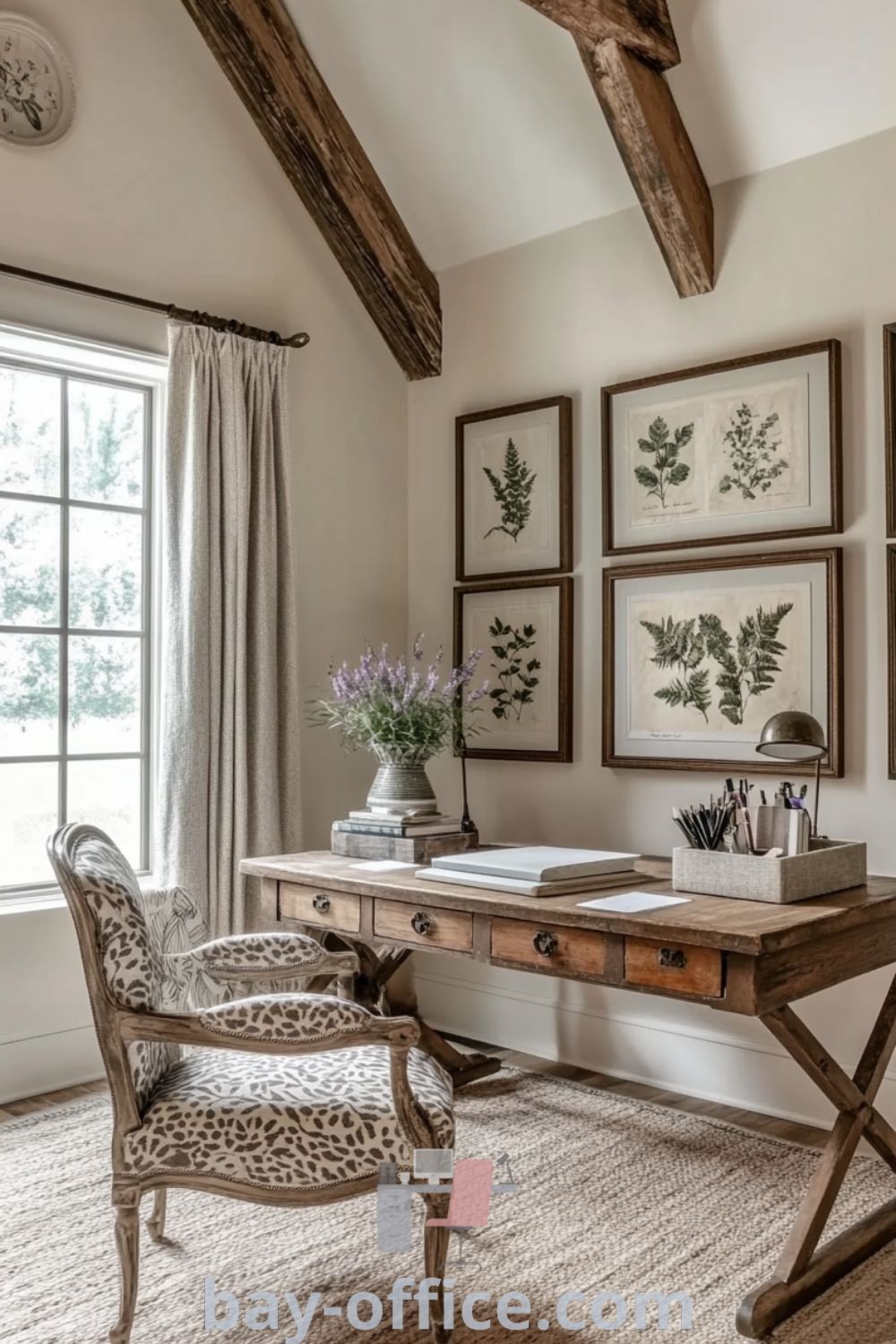 French country home office featuring cream walls, rustic beams, vintage oak desk, and botanical prints, creating a cozy atmosphere that inspires productivity and creativity. Ideas You