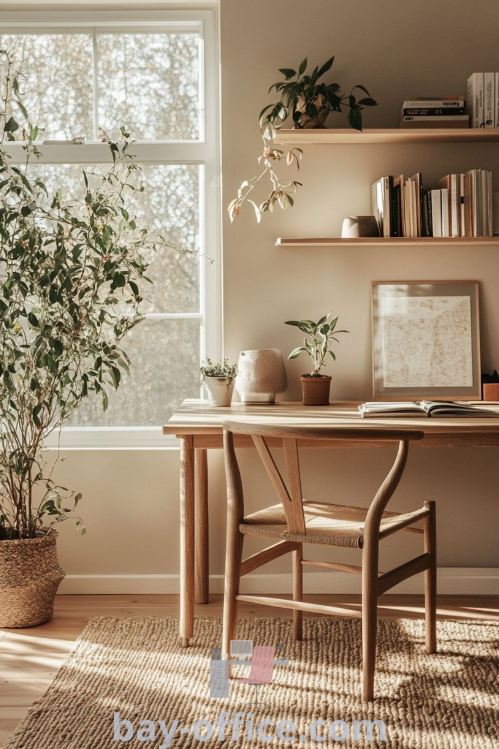 Scandinavian home office featuring soft beige walls, a natural wooden desk, potted plants, and curated shelves, designed to inspire productivity and comfort. Embrace cozy aesthetics for an inviting workspace at bay-office.com.