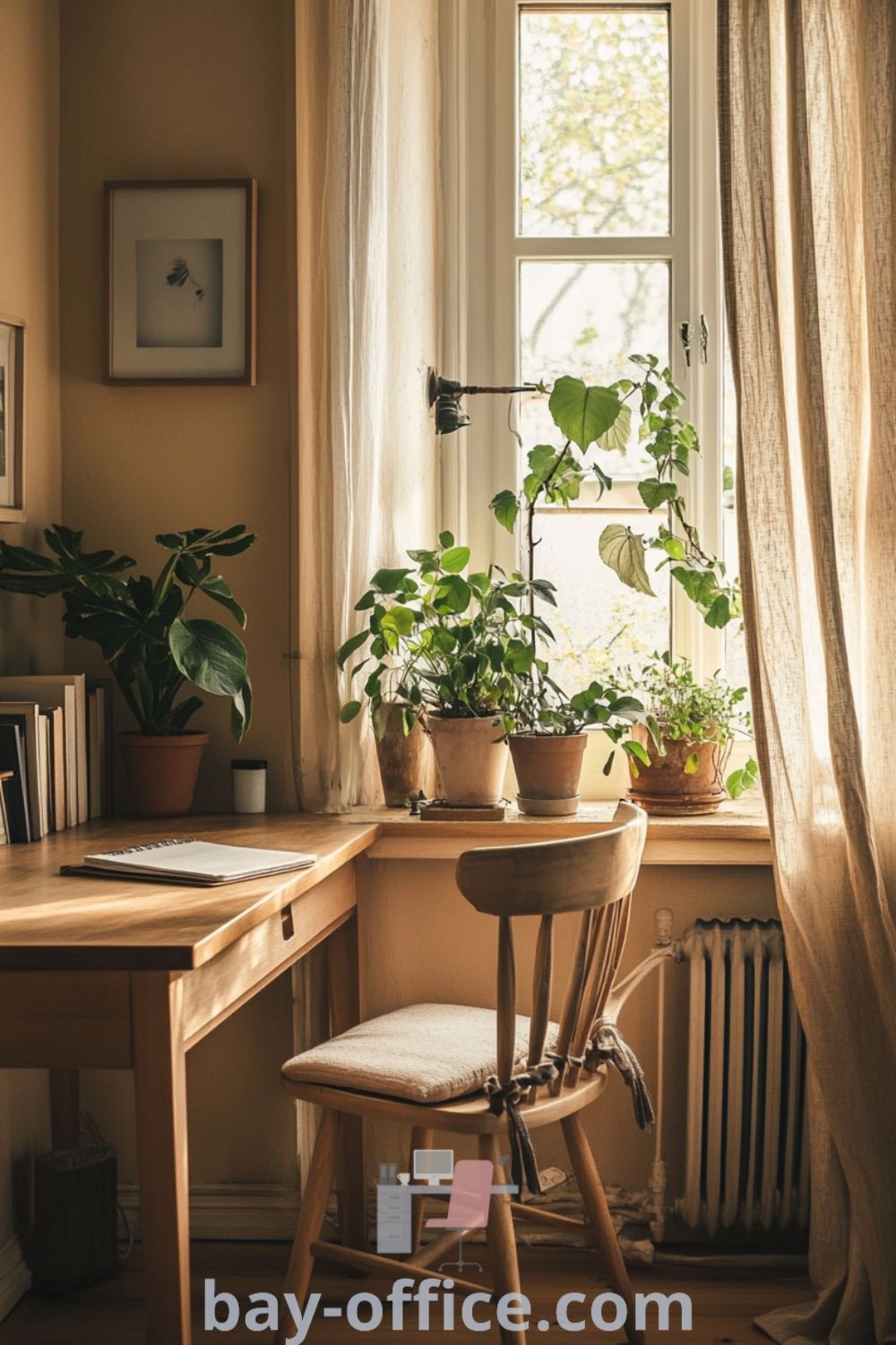 Scandinavian home office with warm beige walls, wooden desk, and soft fabric chair, featuring natural light, potted plants, and minimalist decor to inspire productivity and comfort. Explore more design ideas at bay-office.com.