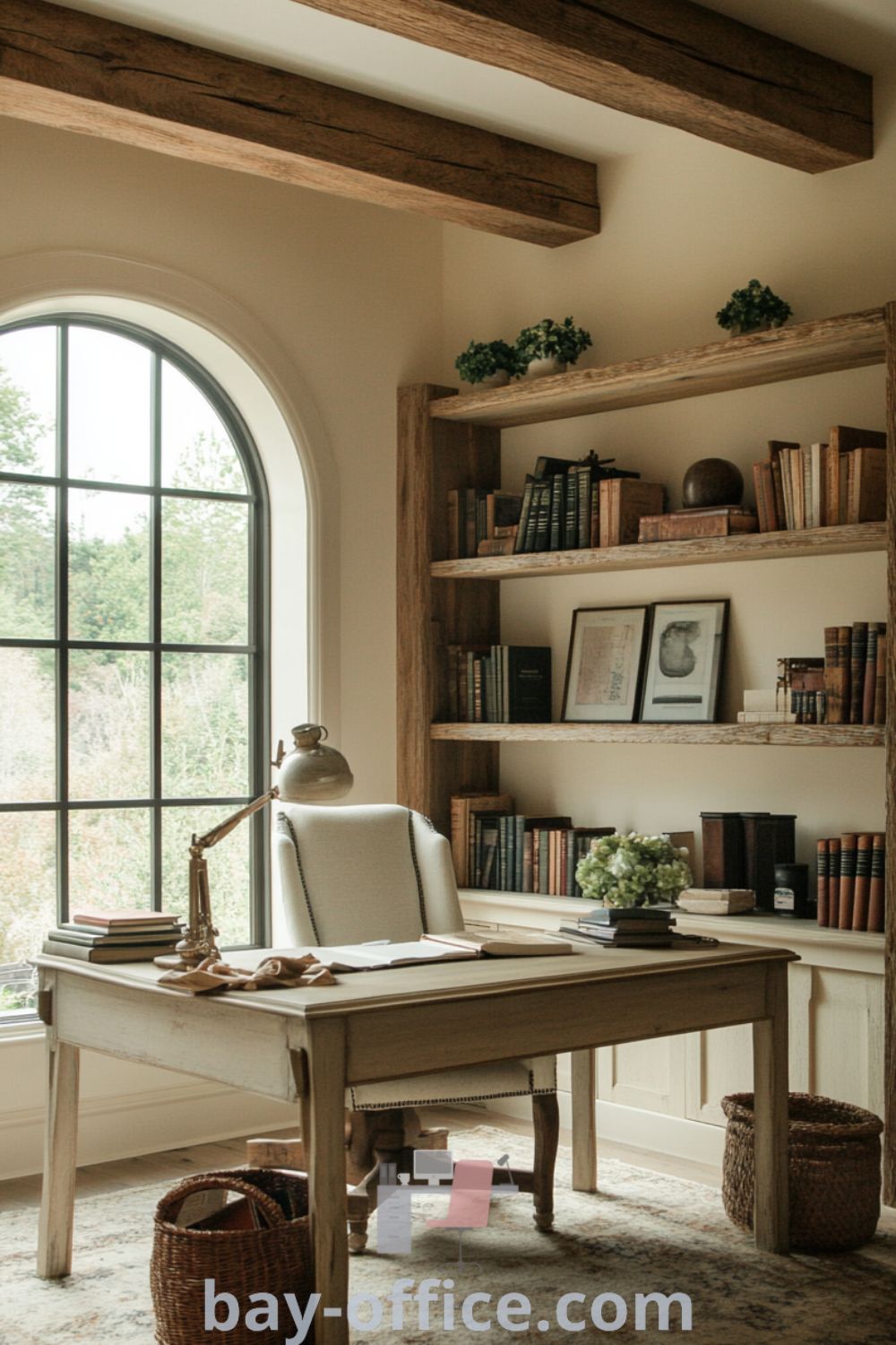 Elegant French country home office featuring cream walls, rustic beams, oak desk, and arched window overlooking a blooming garden. An inspiring and cozy workspace that encourages productivity and creativity. Discover more decor ideas at bay-office.com.