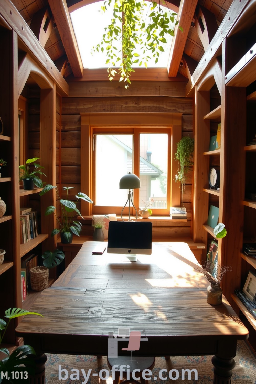 Cozy nature-themed home office featuring warm wooden beams, a sturdy desk, leafy greenery, and plants, designed to inspire productivity and tranquility. Discover ideas that promote comfort and creativity at bay-office.com.