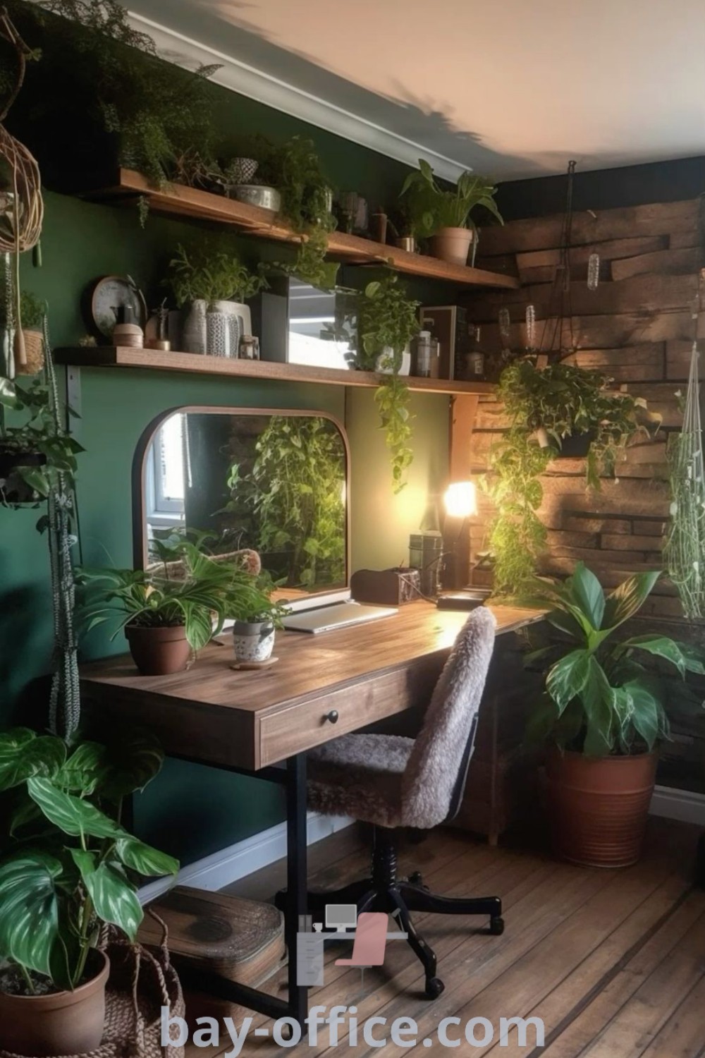 Green and tan office featuring a desk with plants and a mirror, reflecting nature-inspired home office trends. Discover design tips and cozy aesthetic ideas that will inspire productivity at bay-office.com.