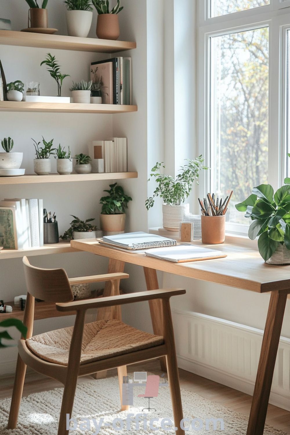 Scandinavian home office featuring soft white walls, reclaimed wooden furniture, and natural light filtering through a large window. The cozy aesthetic is enhanced by plants and books on minimalistic shelves, designed to inspire productivity and comfort. Explore more inspiring ideas at bay-office.com.