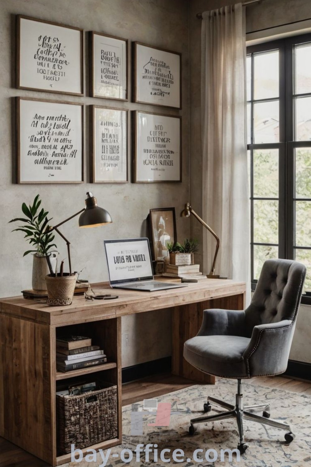 Tiny home office setup with a desk, chair, lamp, and wall pictures, designed for small spaces. Perfect ideas that inspire productivity and cozy aesthetics for your office area, featured at bay-office.com.