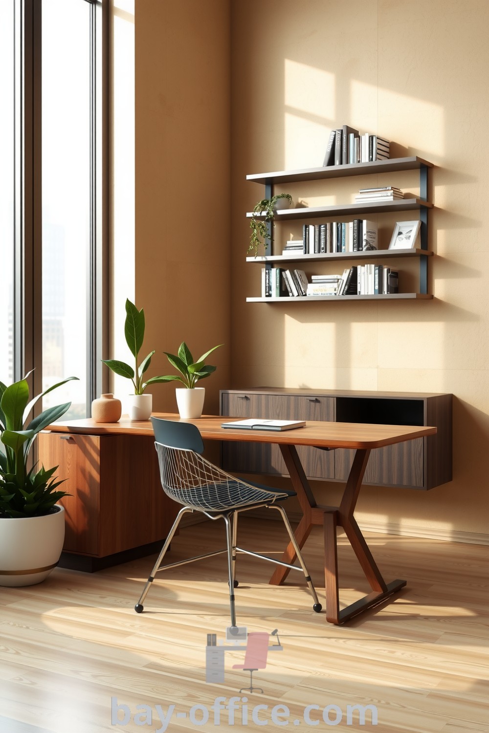 Minimalist corporate office with warm beige tones, natural light, a wooden desk, metal chair, potted plants, and floating shelves, designed to inspire productivity and creativity, ideal for home or apartment decor. Find more ideas at bay-office.com.