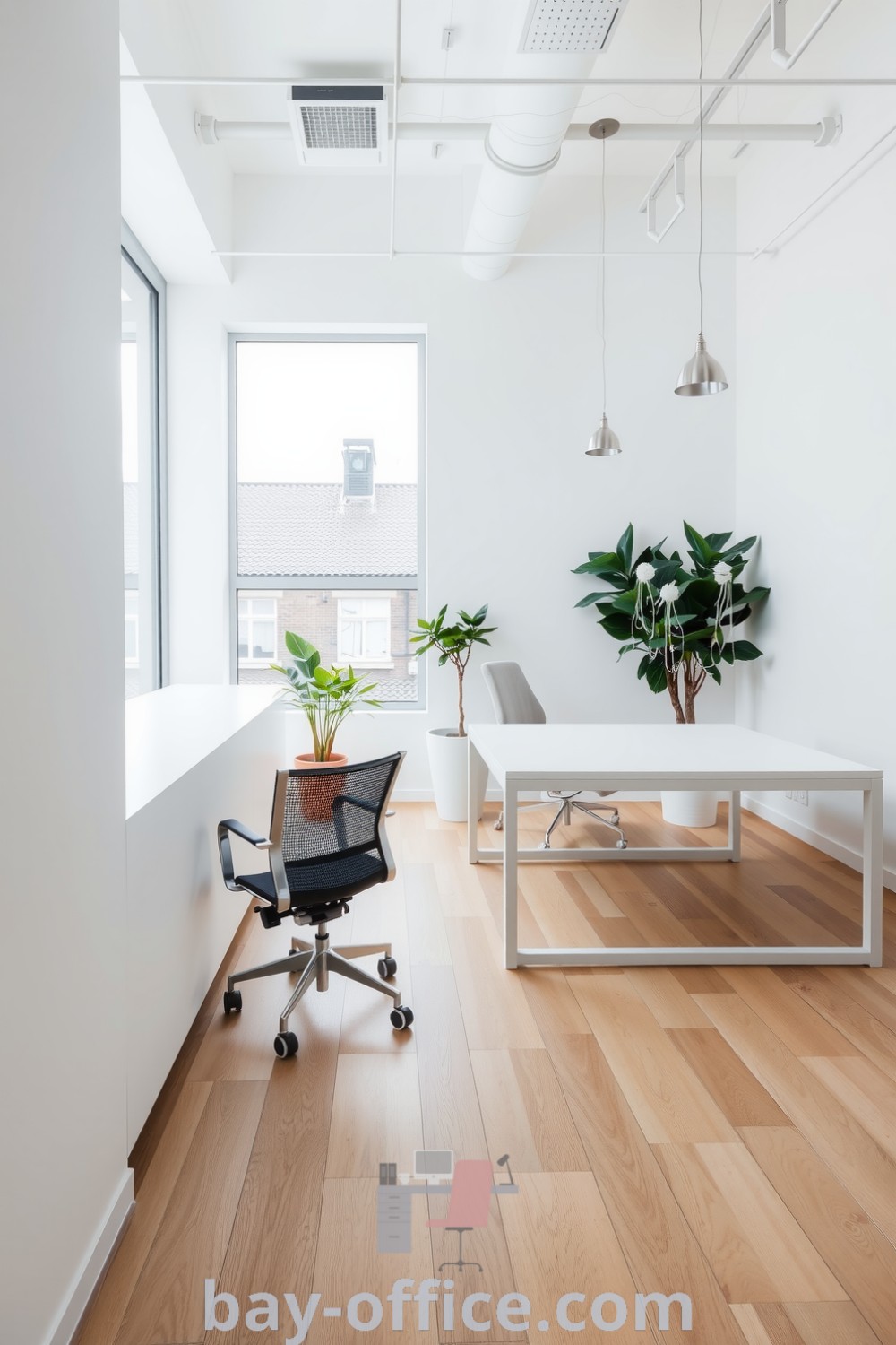 Minimalist corporate office with soft white walls, large desk, mesh chair, natural light, hardwood floor, and potted plants, designed to promote focus and collaboration. Explore design trends and cozy aesthetic ideas at bay-office.com.