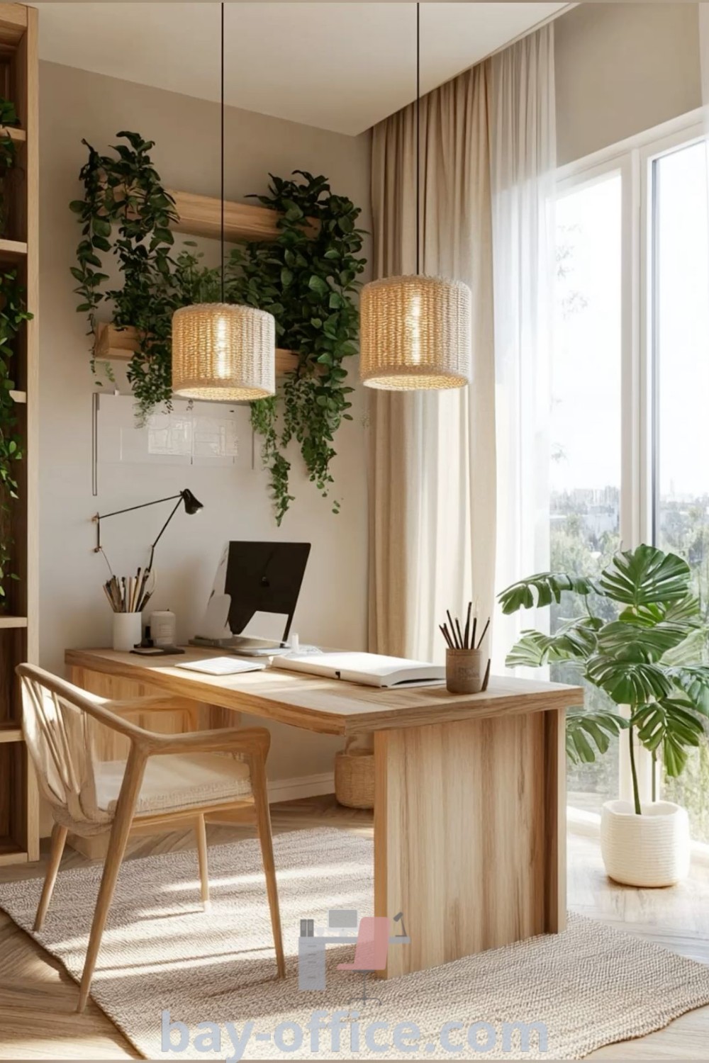 Biophilic home office interior design featuring plants on the wall, a desk by the window, and elements that inspire productivity. Experience organic aesthetics and cozy vibes with ideas that create a dream workspace at bay-office.com.