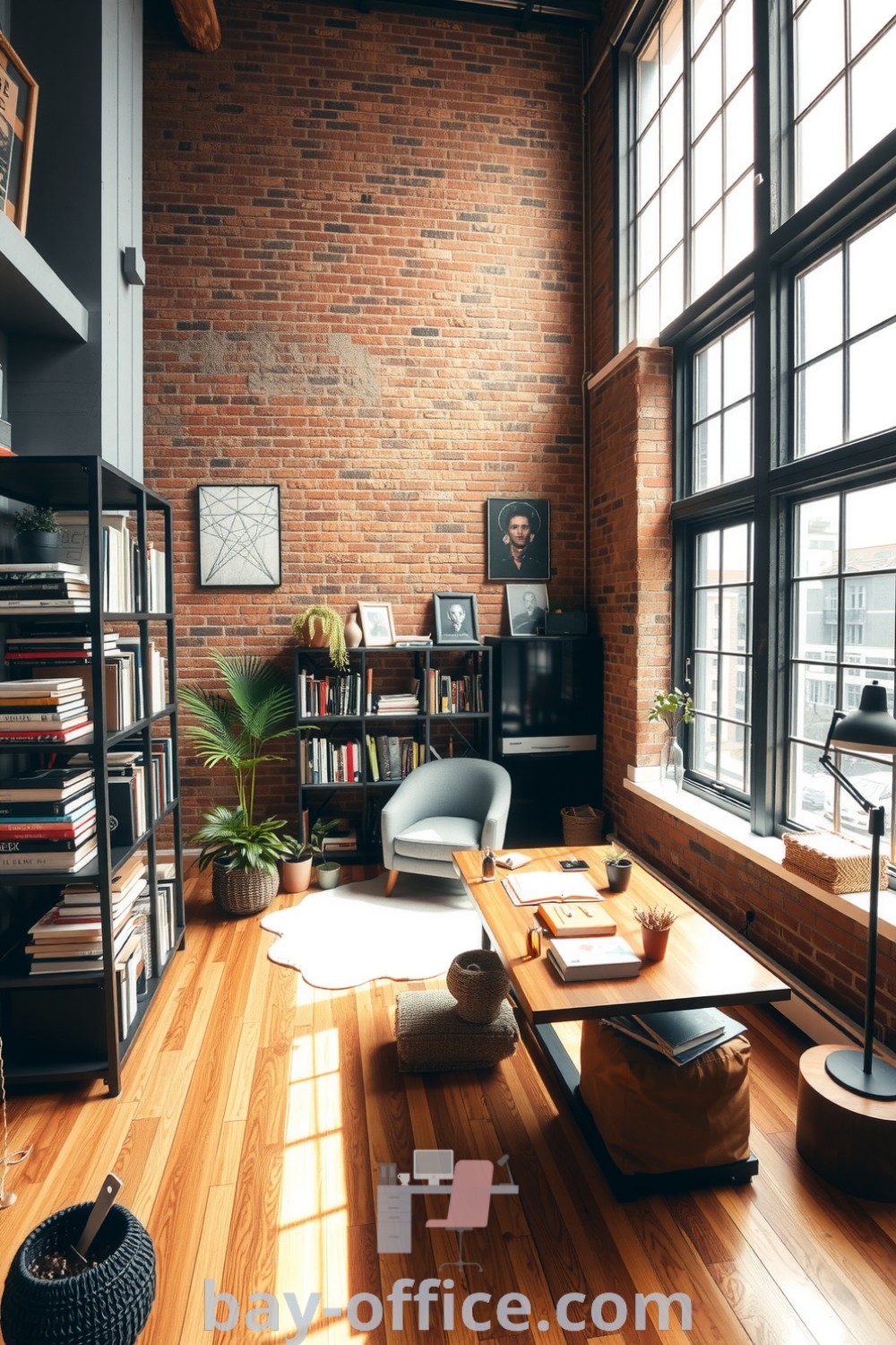 Cozy loft home office featuring exposed brick walls, a large wooden desk, metal shelving with books and plants, and a comfortable armchair, designed to inspire productivity and creativity. Discover more design tips at bay-office.com.