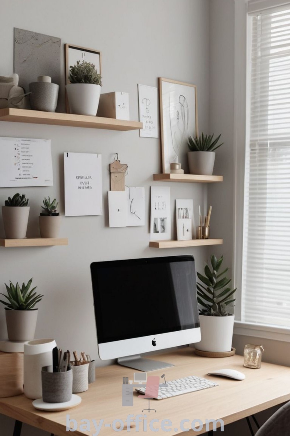 Neutral minimalist home office featuring a desk with a computer, wooden desk elements, and potted plants, designed for productivity and inspiration. Explore Nordic office design and minimalist decor ideas at bay-office.com.