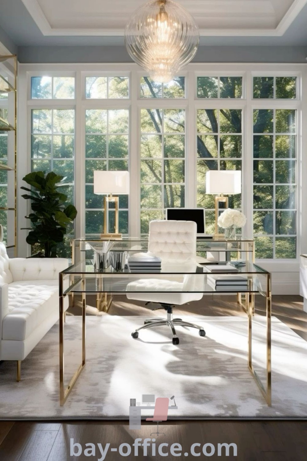 Elegant living room in a vacation beach house with white furniture and glass doors, offering a seamless connection to the outdoors. Perfect for inspiration on home office shelves and decorating ideas for small spaces. Explore more at bay-office.com.