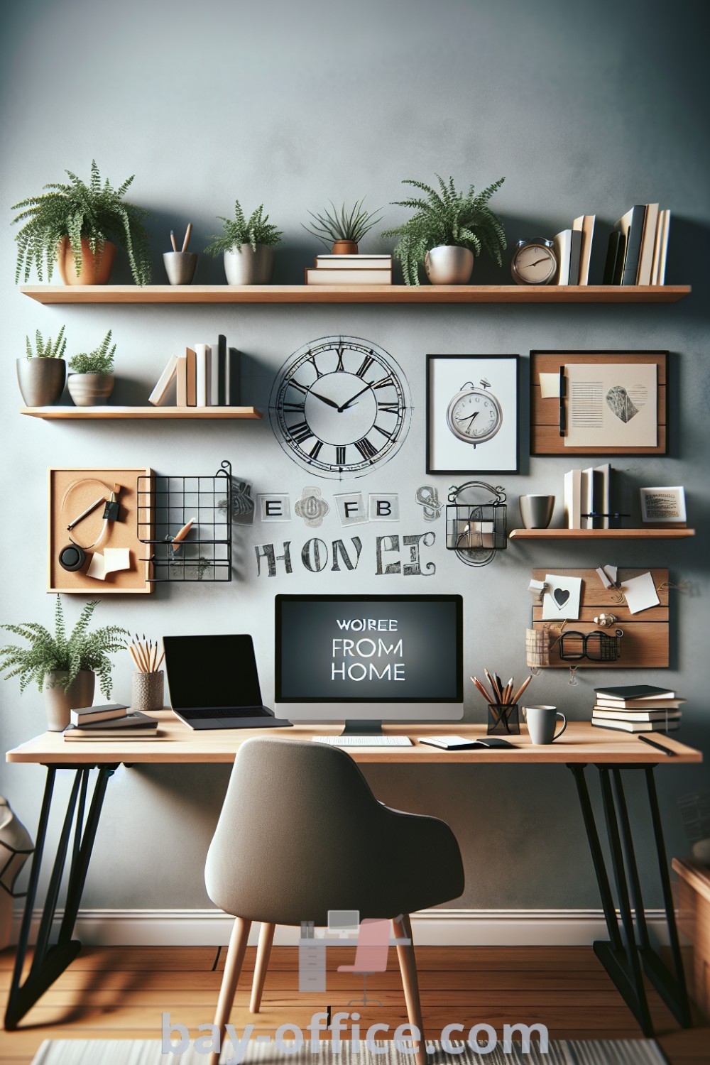 Cozy home office setup featuring efficient decor ideas, including plants and simple office decor that inspire productivity and comfort. Perfect for remote work enthusiasts seeking a balance between style and efficiency. Explore more ideas at bay-office.com.