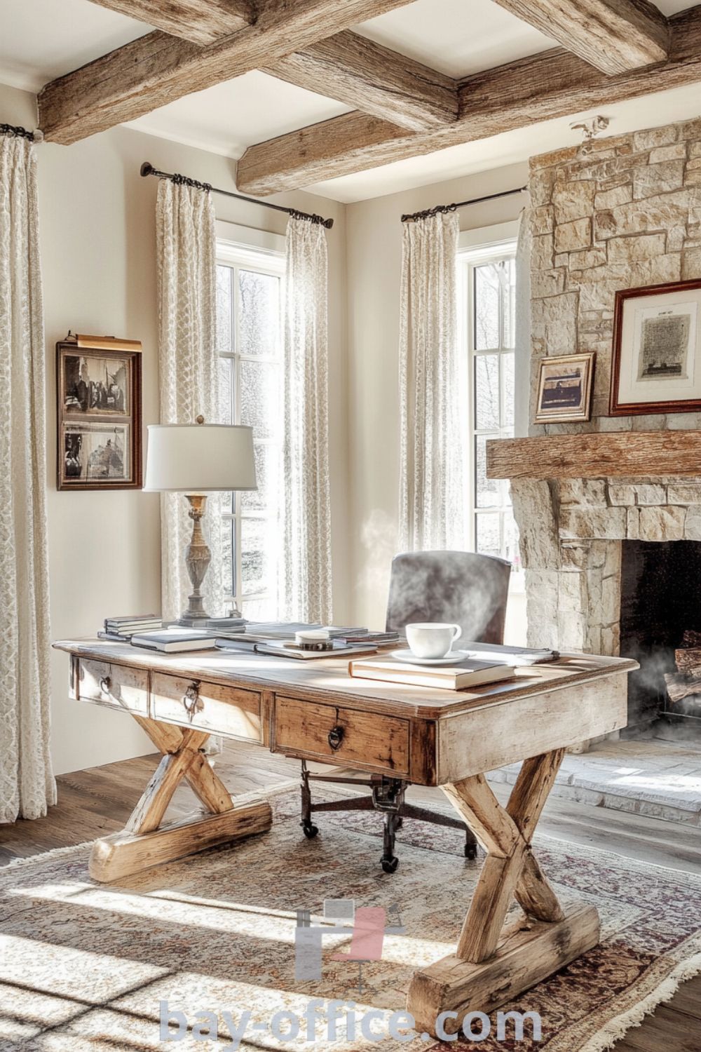 Cozy French home office with rustic charm, featuring exposed wooden beams, a stone fireplace, and soft muted colors, designed to inspire productivity and comfort. Perfect for creating a delightful work environment that doubles as a cozy retreat. Explore more decorating ideas at bay-office.com.