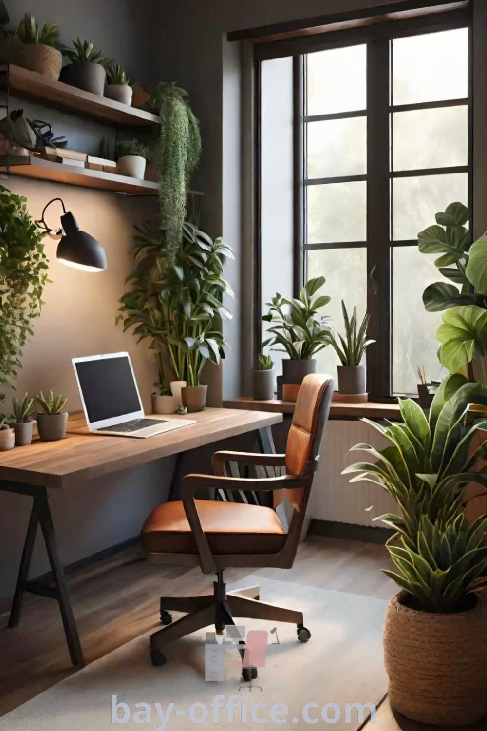 Office setup with plants and a laptop, showcasing inspiring decor ideas for small spaces and maximizing productivity. Discover office plants ideas and design tips that enhance aesthetics and functionality at bay-office.com.