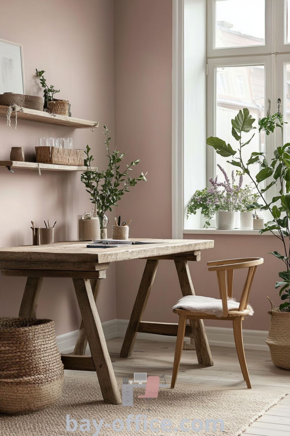 Cozy Scandinavian home office with soft pink walls, rustic desk, minimalist chair, and houseplants, designed to inspire productivity and comfort. Discover more design tips and ideas you