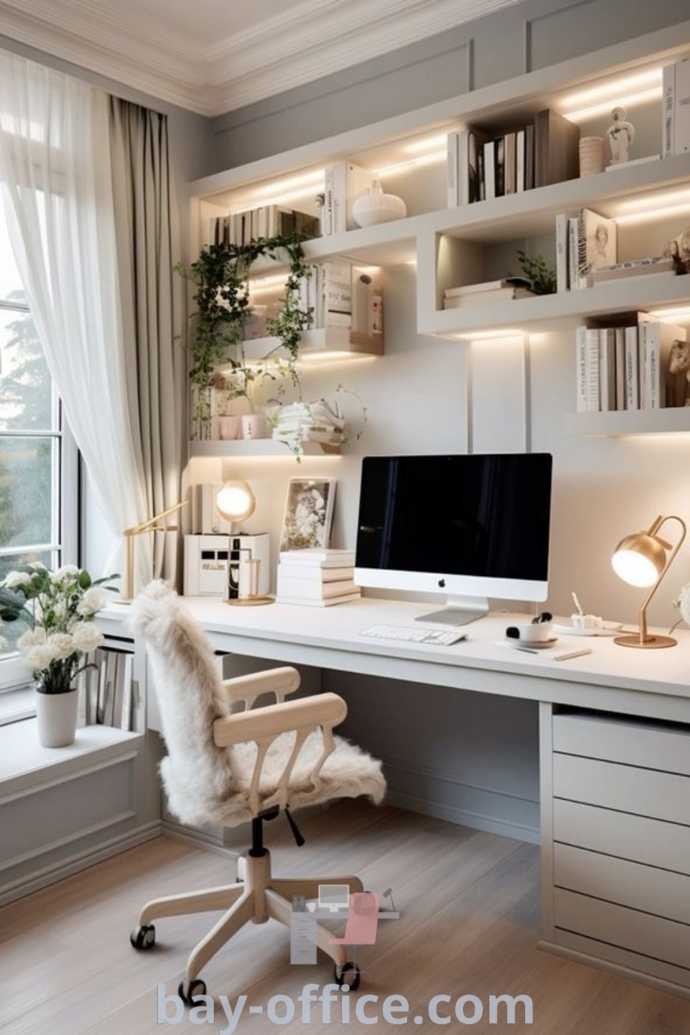 White desk with a computer in front of a window, surrounded by bookshelves. Ideal for small home offices, feminine decor, and cozy aesthetics that inspire productivity. Explore more ideas you