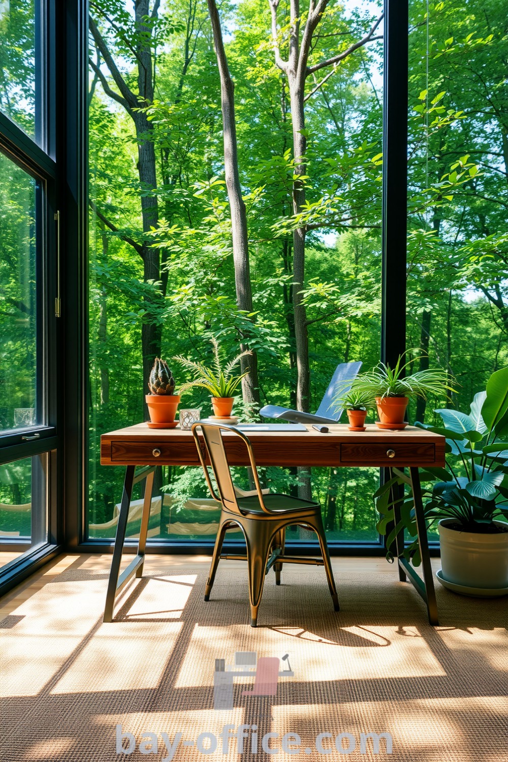 Cozy Nature Home Office with reclaimed wood desk, large windows showcasing greenery, and potted plants, designed to inspire productivity and connect with nature. Ideal for creating a welcoming work environment that enhances focus and relaxation. Find more ideas at bay-office.com.
