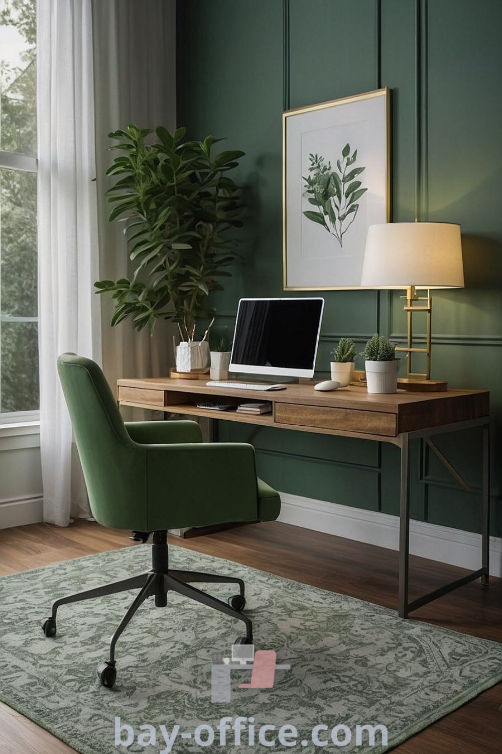Cozy home office featuring sage green and white decor, olive green accents, and a stylish corner desk. Ideal for enhancing productivity and creating an inspiring workspace. Explore more ideas you