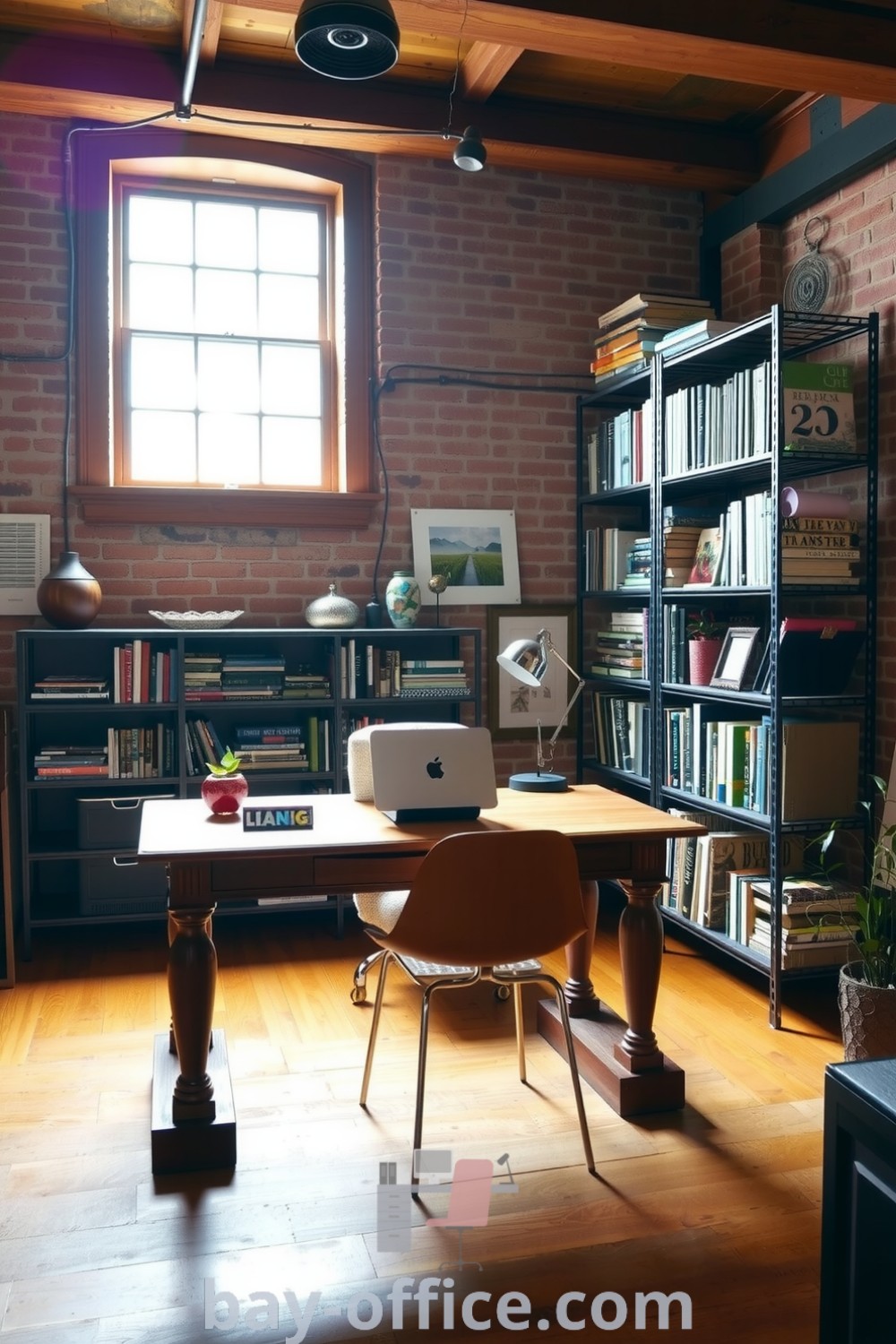 Rustic home office featuring exposed brick walls, wooden beams, an oak desk, and metal shelving, designed to inspire productivity and reflection with a cozy aesthetic. Discover more ideas at bay-office.com.