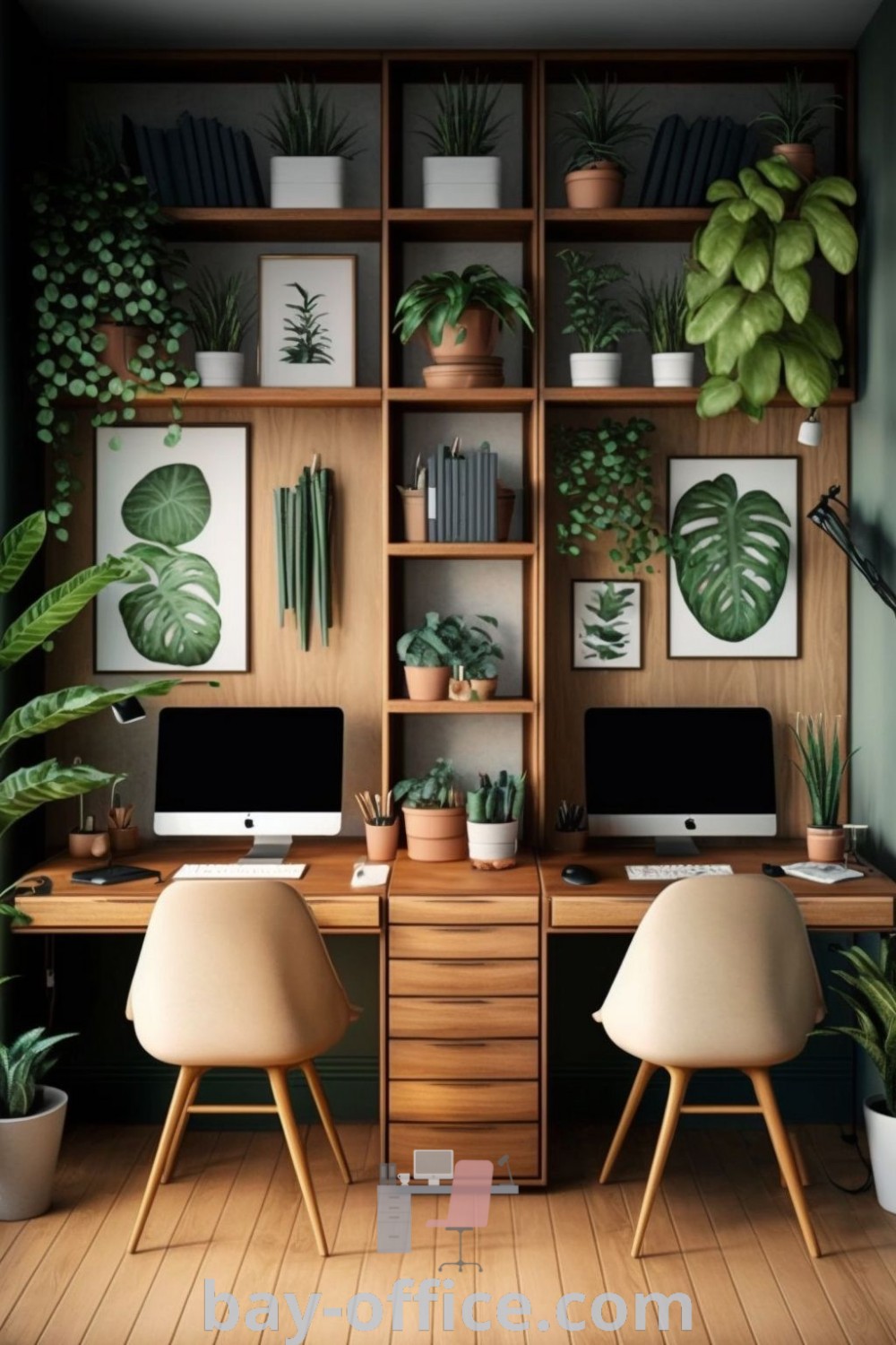 Home office setup with a desk featuring two computers, surrounded by plants and potted greenery, showcasing modern office interiors and inspiring decor ideas for small spaces, available at bay-office.com.