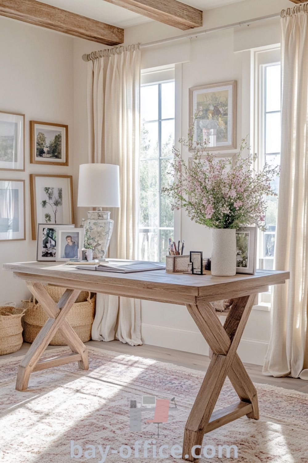 Elegant home office featuring pastel walls, rustic wooden beams, an oak desk, and potted plants, designed to inspire productivity and comfort while celebrating countryside charm. Discover cozy design ideas at bay-office.com.