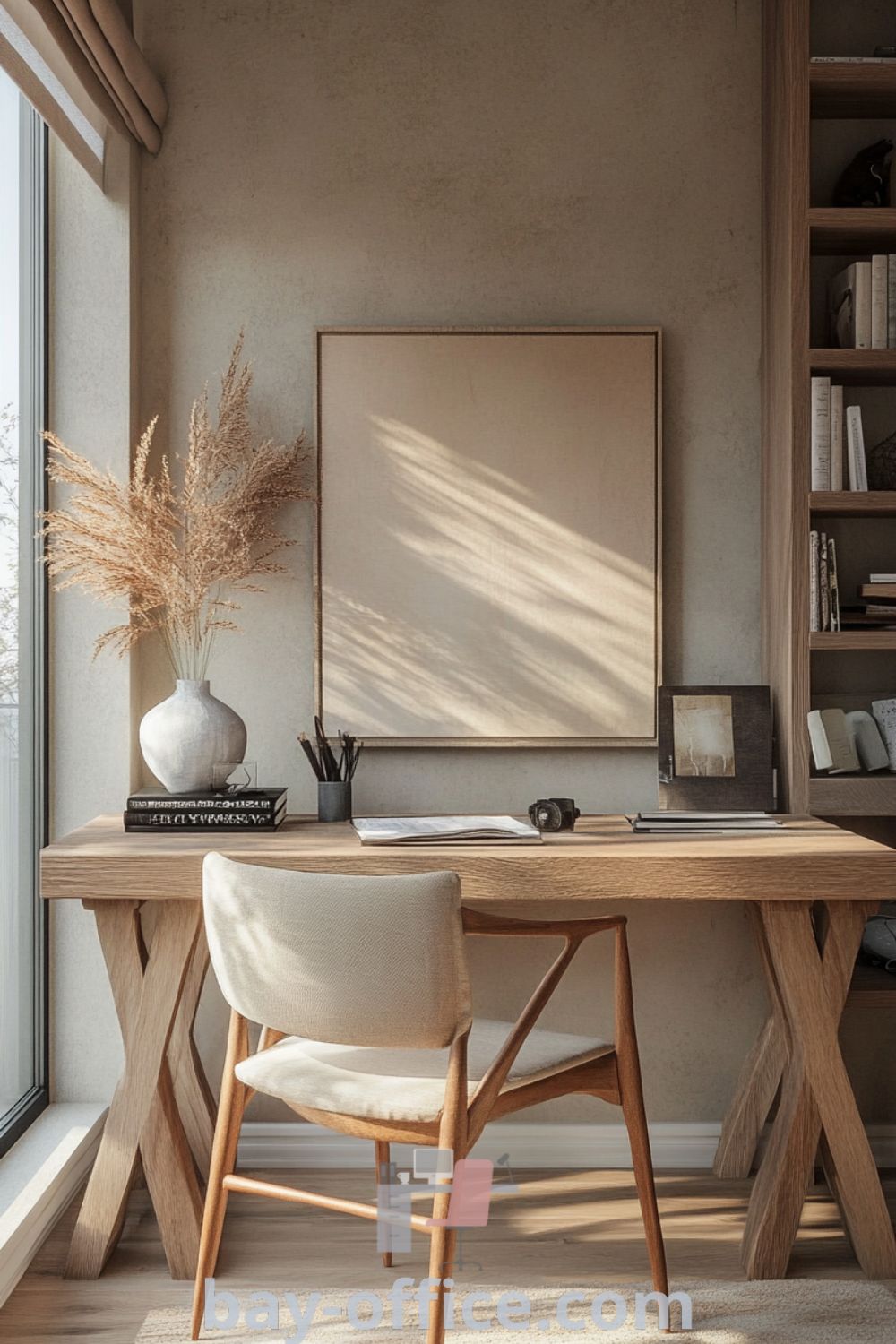 Scandinavian home office featuring a beige aesthetic, wooden desk, comfortable chair, and natural light filtering through a large window, designed to inspire productivity and foster a warm, inviting atmosphere. Explore more design trends and ideas that inspire productivity at bay-office.com.