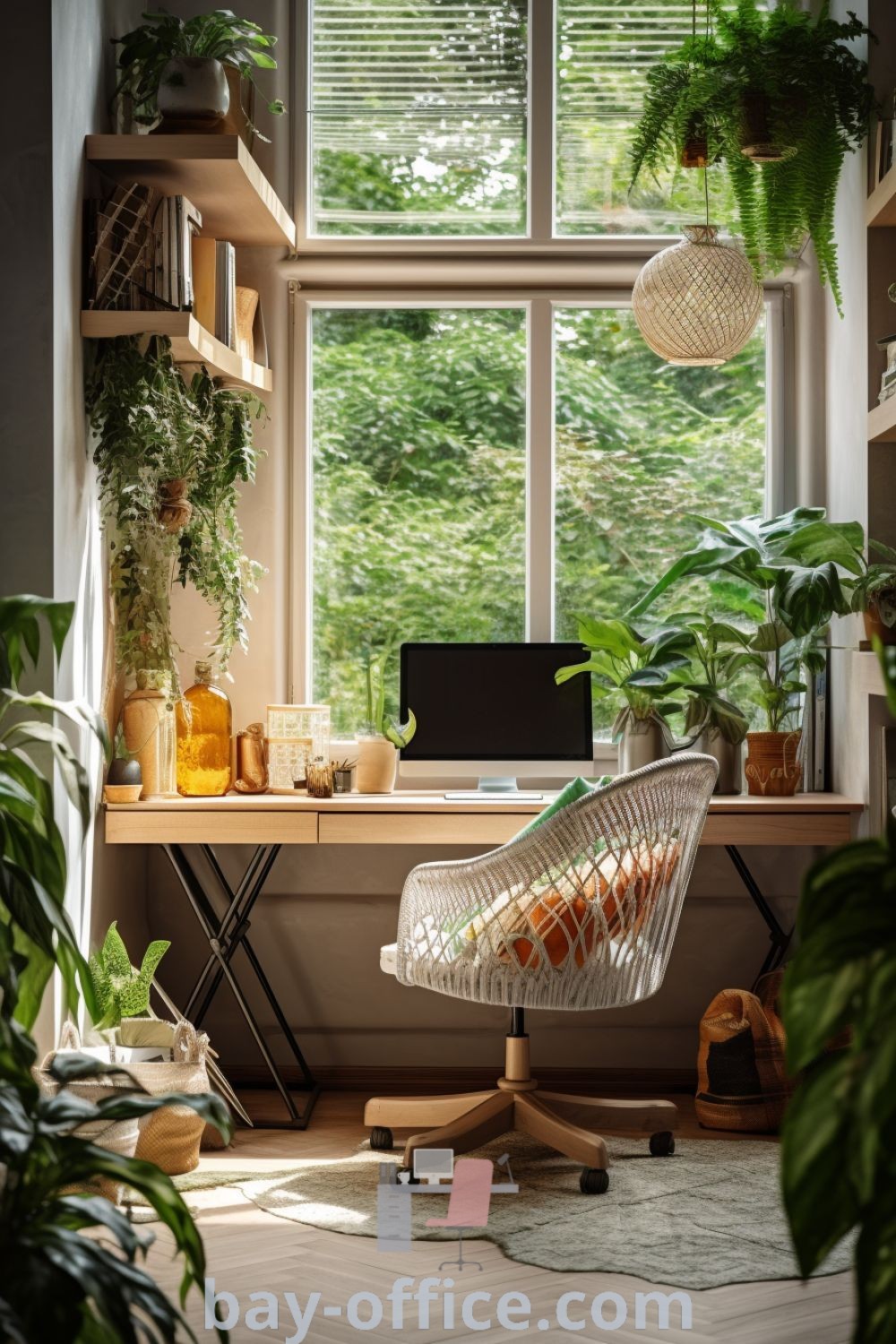 Bohemian office decor with Bali Style furniture, including a gaming desk, cubicle wallpaper, and desk monitor stand. Create a cozy workspace that inspires productivity in small home offices. Discover more ideas for beautiful office designs at bay-office.com.
