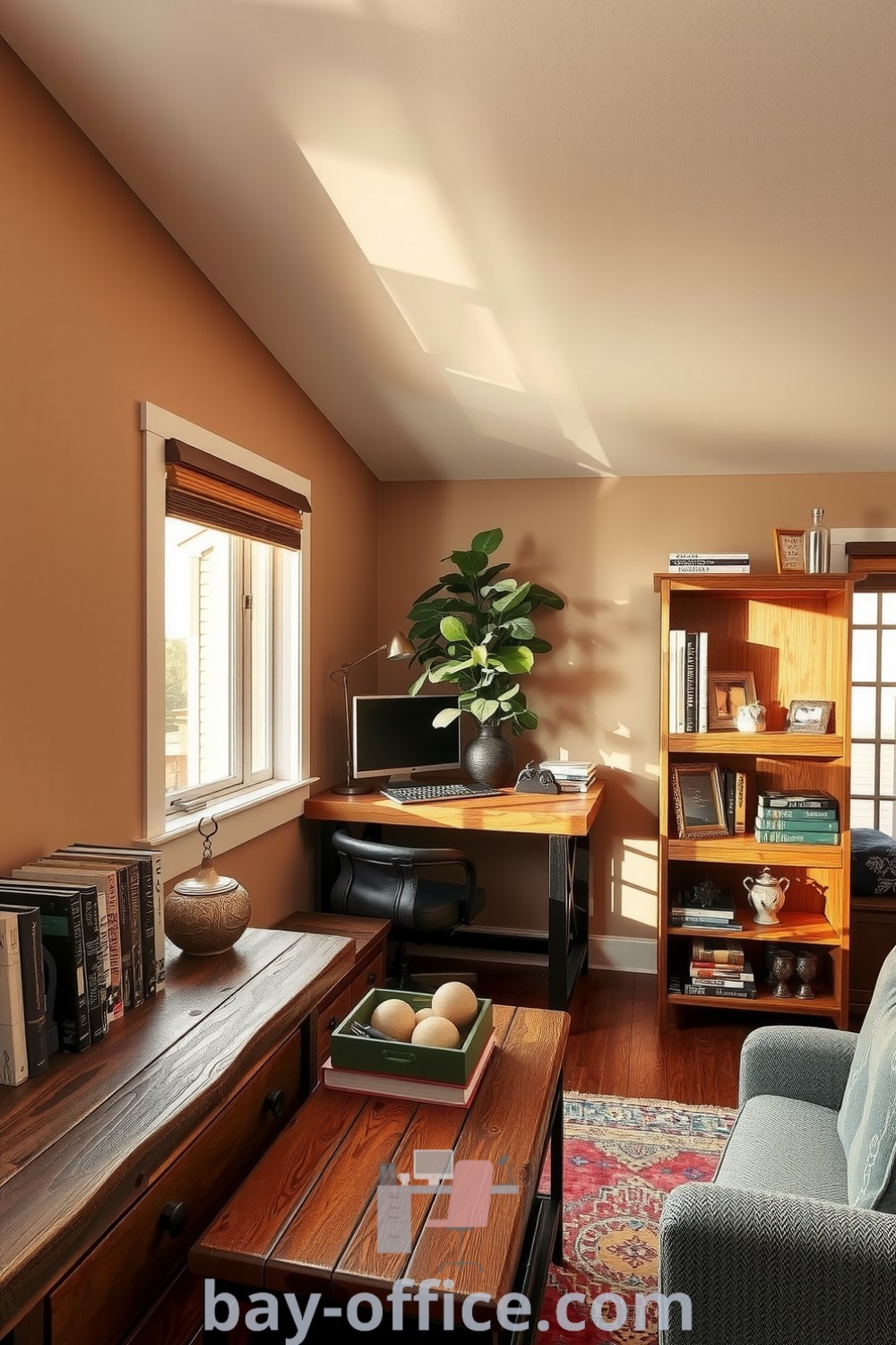 Cozy loft home office with beige walls, reclaimed wood furniture, and lush plants, designed to inspire productivity in a welcoming atmosphere. Perfect for house or apartment ideas, cozy aesthetics, and decorating tips that make working from home enjoyable. Find more ideas at bay-office.com.
