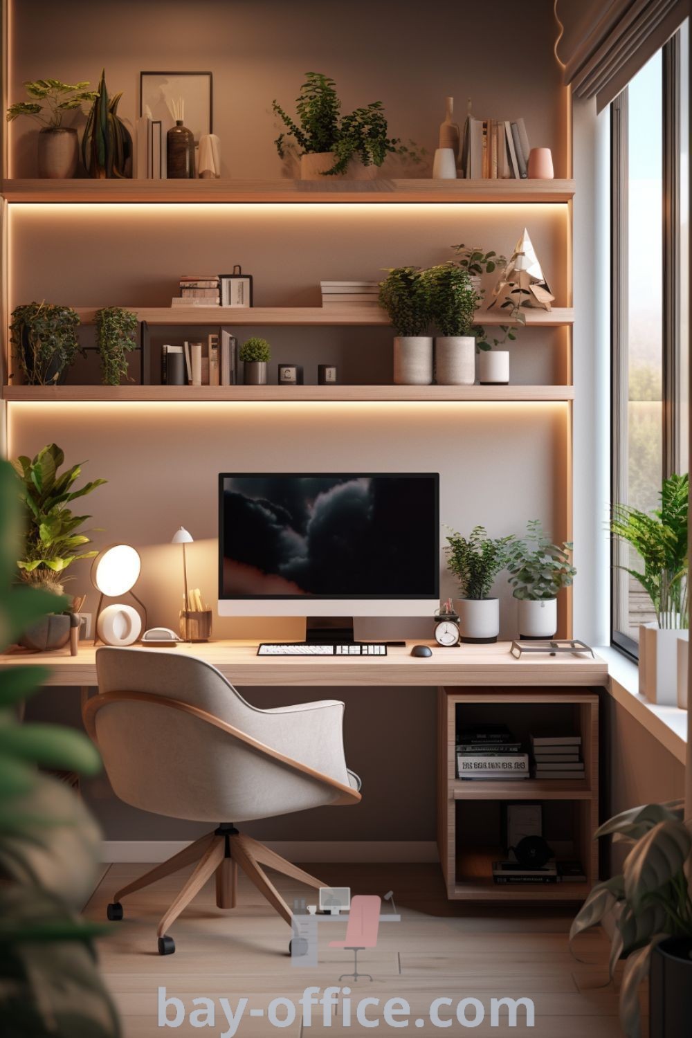 Stylish hybrid home office setup with a desk and computer by a window, surrounded by potted plants. Perfect for small spaces, offering design tips for a cozy aesthetic and functional productivity. Explore decor ideas for small offices at bay-office.com.