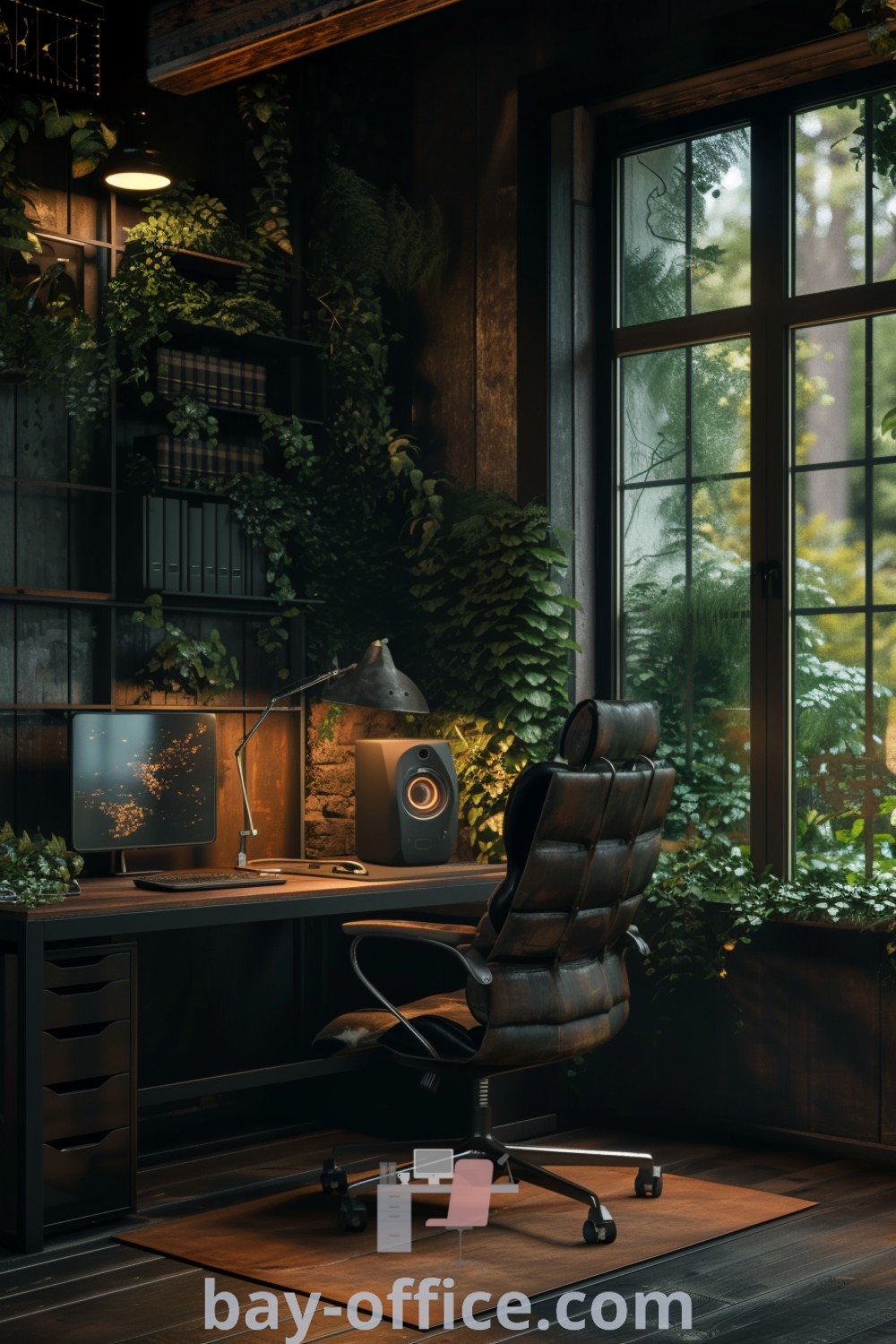 Forest desk aesthetic featuring an office garden indoor with a desk, chair, and plants in the window sills. Discover inspiring decor ideas for small spaces and enhance your work-from-home experience with the best design tips at bay-office.com.